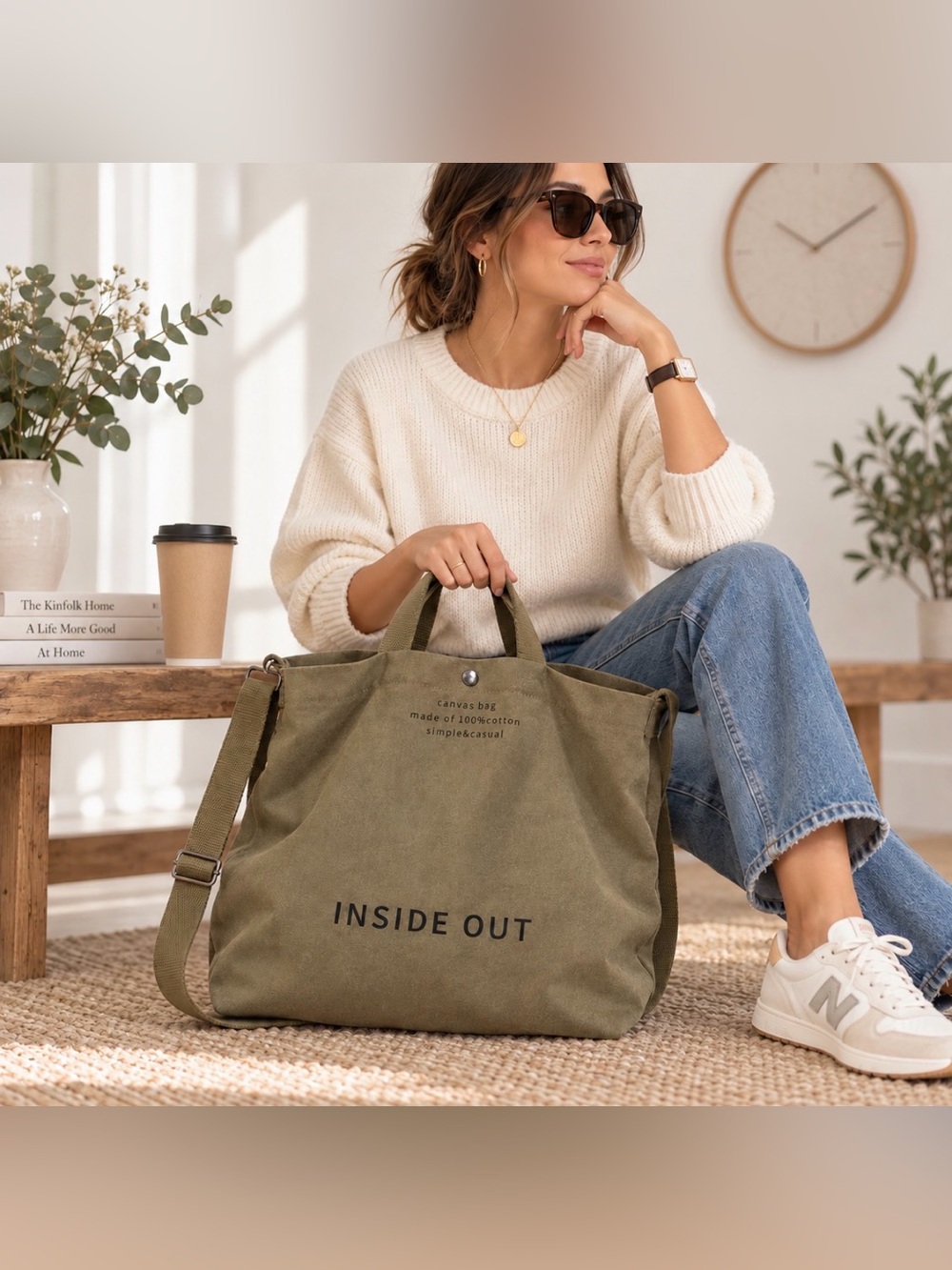 Olive Green Oversized Canvas Tote Bag | Boho Shoulder & Crossbody Bag